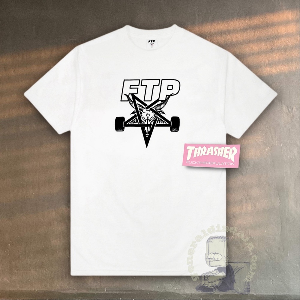 𖤐 FTP x THRASHER SKATEGOAT TEE + pink thrasher x FUCKTHEPOPULATION sticker
